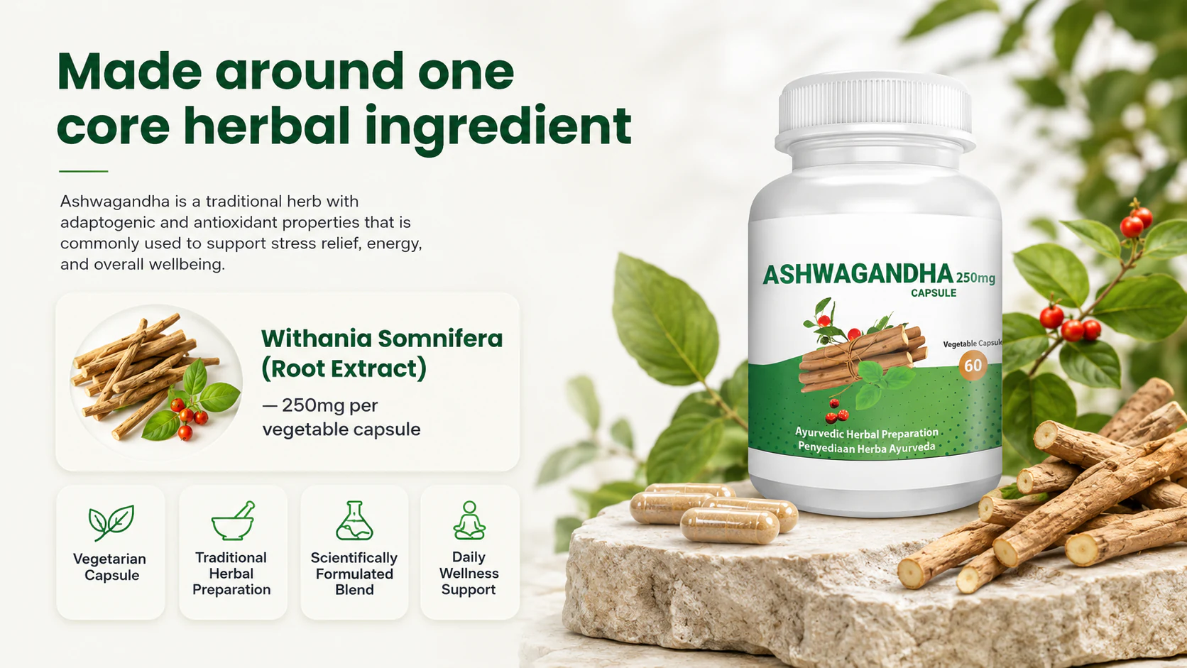 Core ingredient section for Withania Somnifera root extract in Ashwagandha 250mg vegetarian capsules.