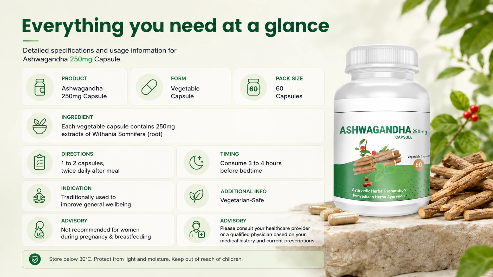 Product information section for Ashwagandha 250mg capsule with pack size, ingredients, directions, timing, and advisory details.