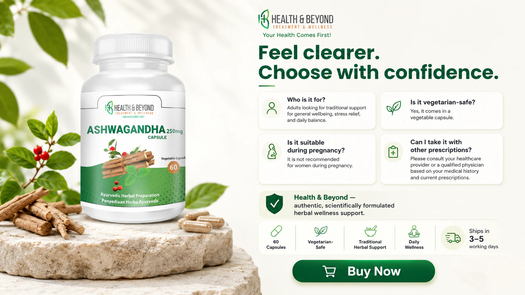 Feel clearer choose with confidence FAQ section for Health & Beyond Ashwagandha with vegetarian-safe, pregnancy advisory, and routine questions.